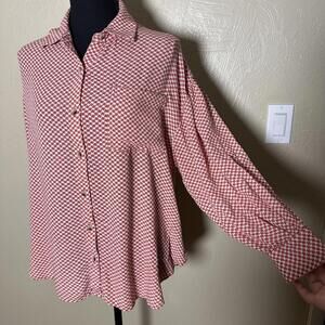 Modern Retro Houndstooth Button-Up Blouse Relaxed Flowy Coral Orange White